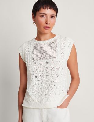 Monsoon Womens Pure Cotton Pointelle Crew Neck Knitted Top - XXL - Ivory, Ivory