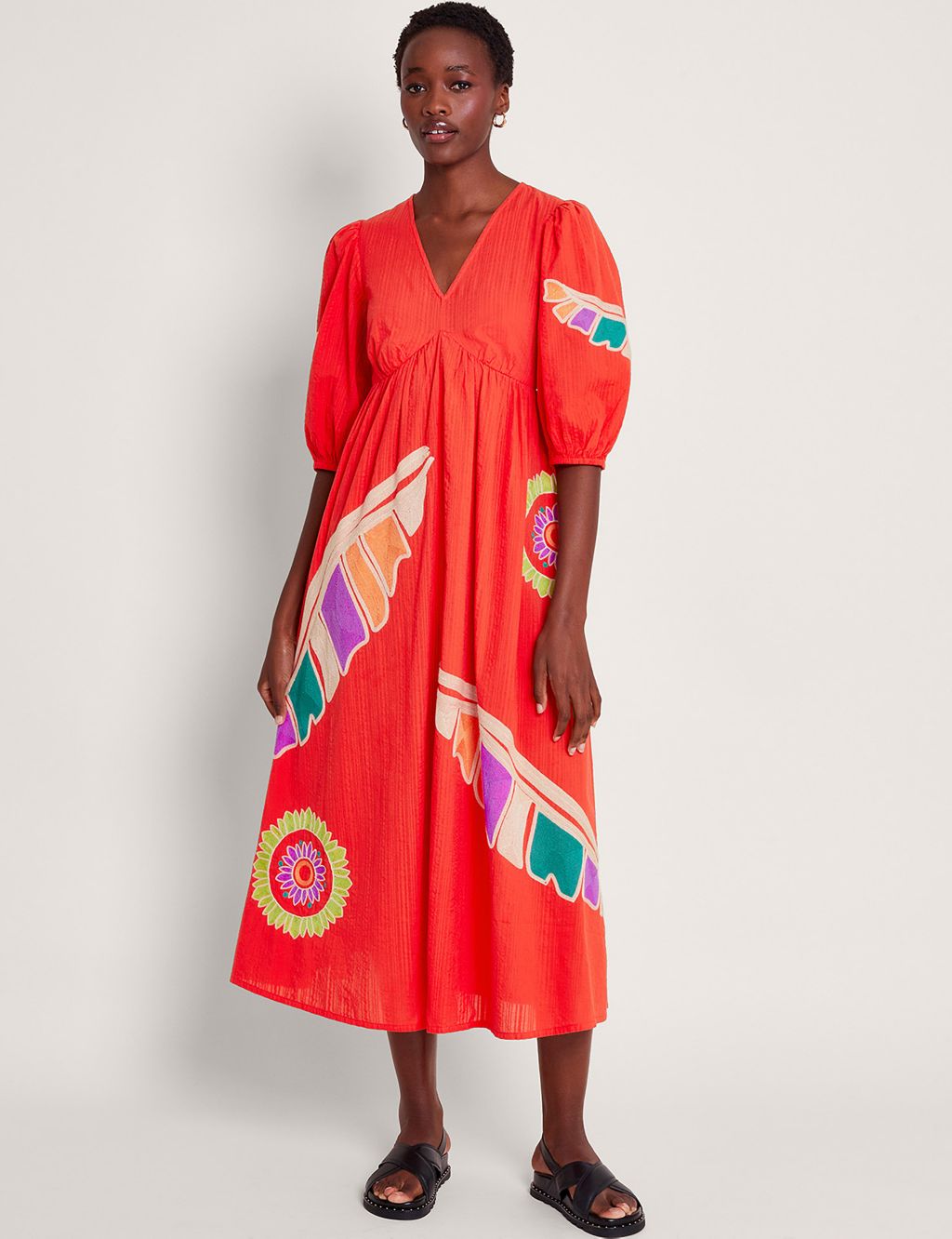 Pure Cotton Embroidered V-Neck Midi Tea Dress