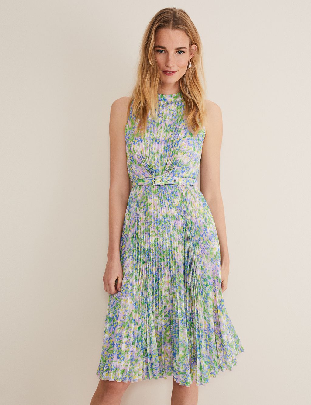 Floral High Neck Pleated Midi Waisted Dress image 1