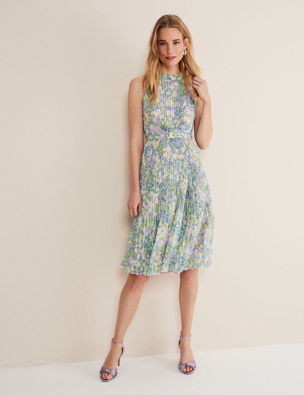 Floral High Neck Pleated Midi Waisted Dress image 3