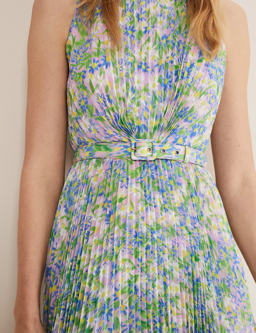 Floral High Neck Pleated Midi Waisted Dress image 5