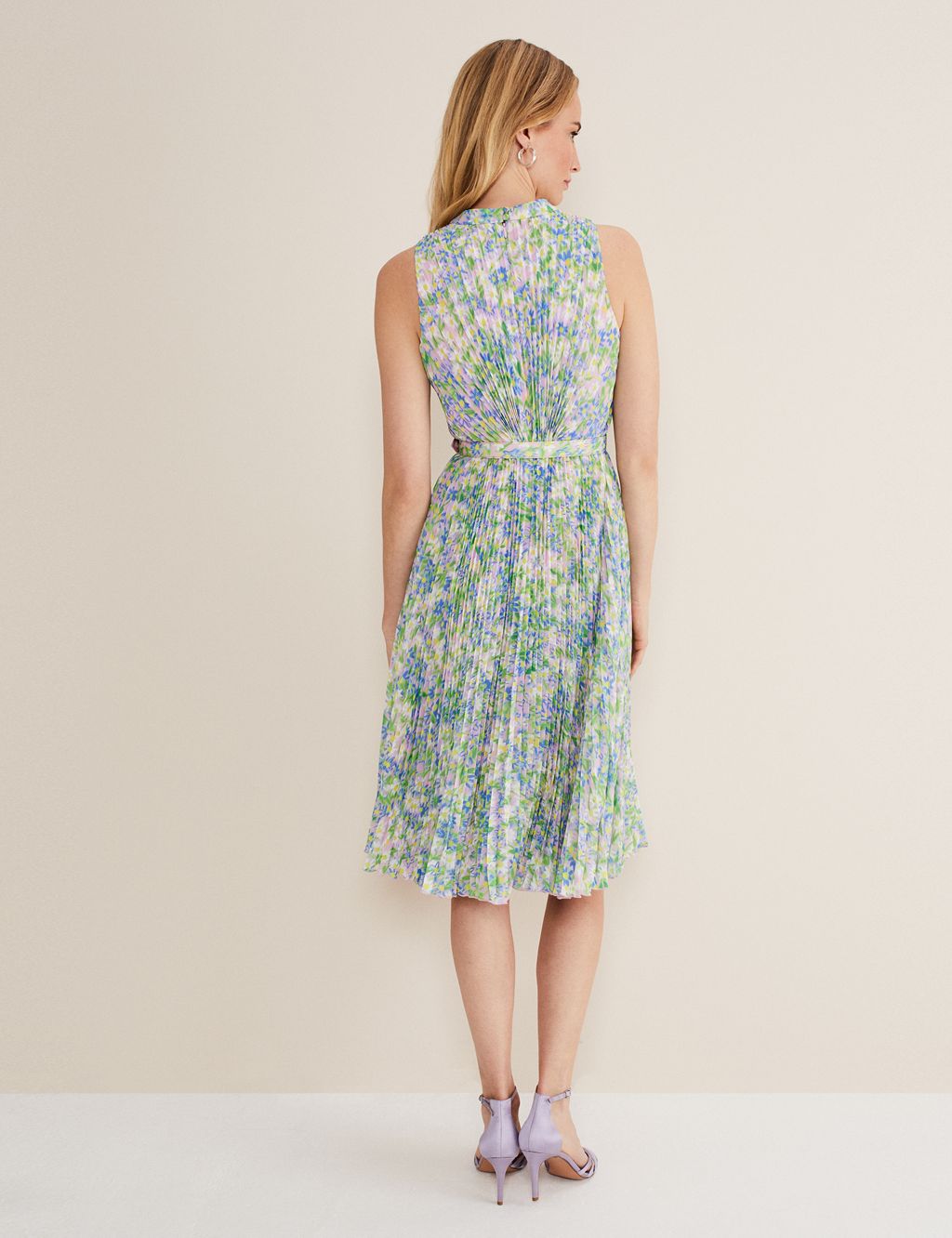 Floral High Neck Pleated Midi Waisted Dress image 6