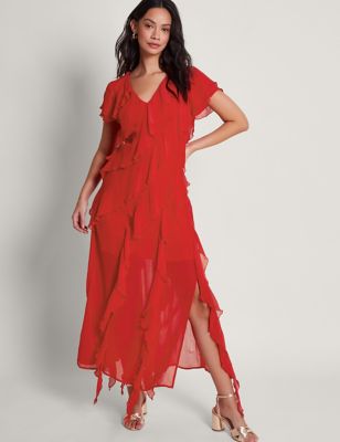 Monsoon Women's V-Neck Ruffle Maxi Tea Dress - 20 - Red, Red