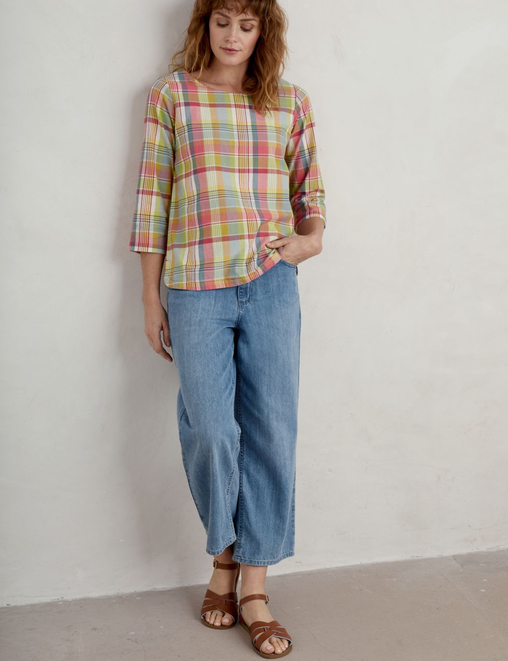 Pure Cotton Checked Collarless Popover Blouse