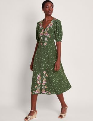 Monsoon Women's Polka Dot Embroidered V-Neck Midi Tea Dress - Green Mix, Green Mix