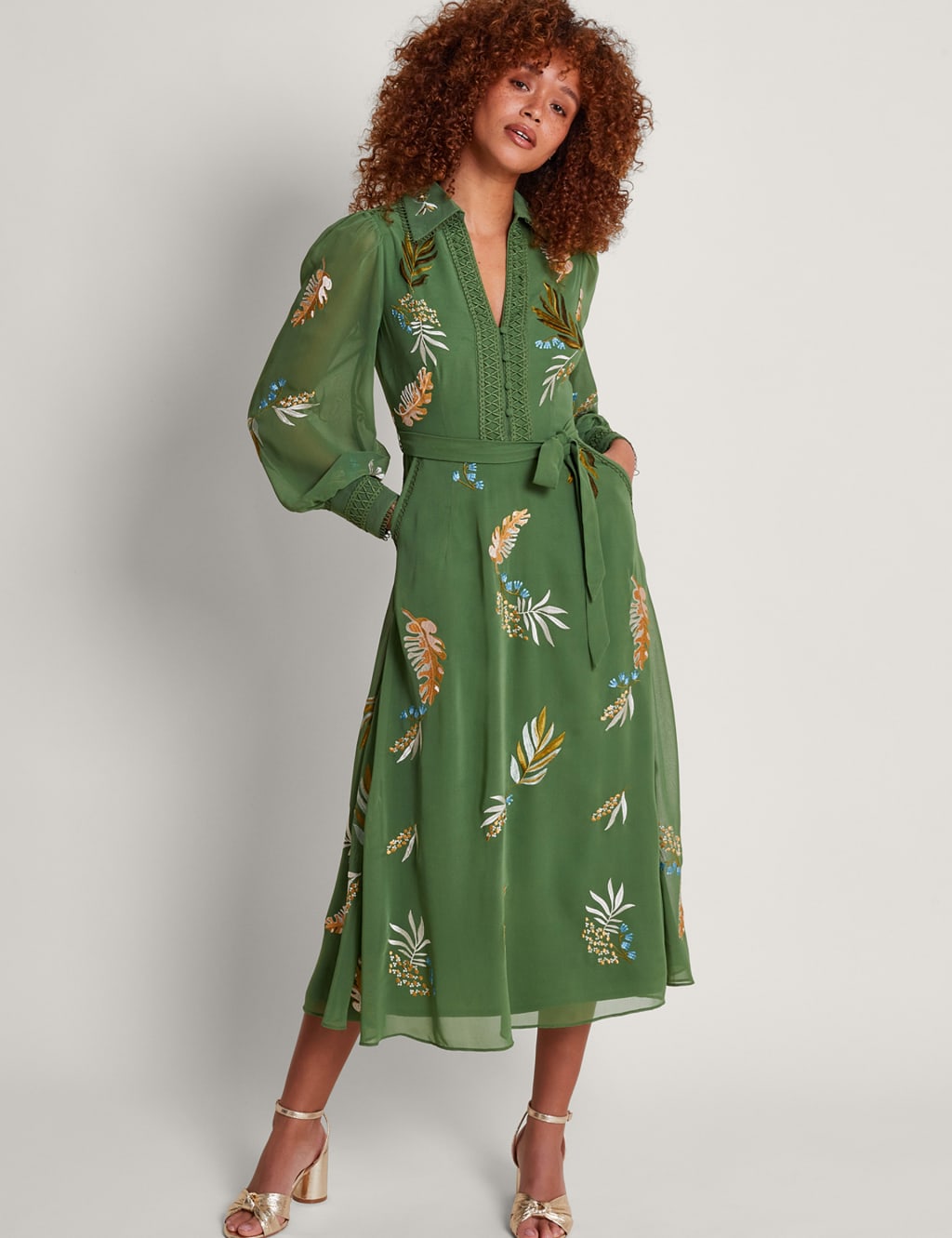 Embroidered V-Neck Midi Shirt Dress