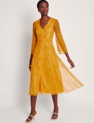 Monsoon Womens Embroidered V-Neck Midi Tea Dress - 20 - Yellow, Yellow