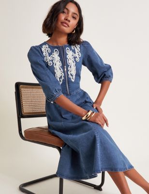 Monsoon Women's Cotton Rich Embroidered Skater Dress - 24 - Blue Denim, Blue Denim