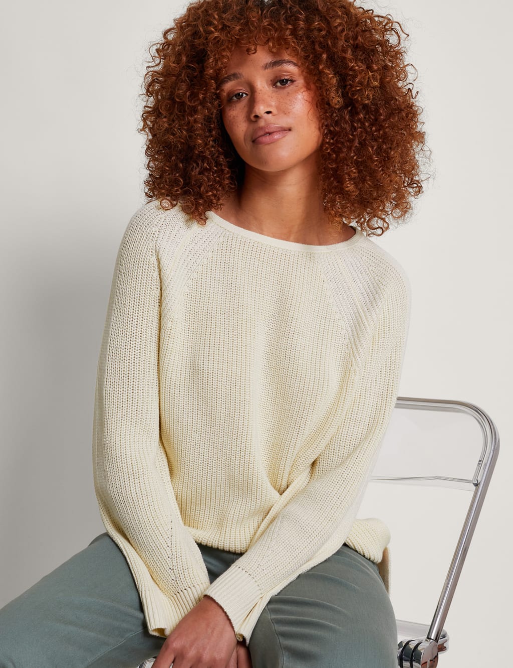 Cotton Blend Ribbed Slash Neck Jumper