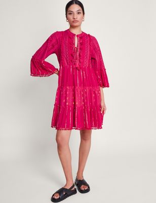 Monsoon Womens Cotton Blend Sparkly Kaftan Dress - M - Pink, Pink
