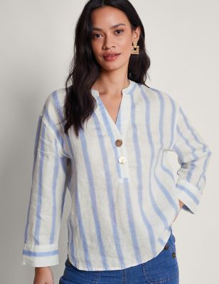 Monsoon Womens Pure Linen Striped T-Shirt - Blue Mix, Blue Mix