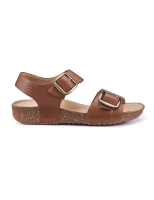 Hotter Women's Tourist Wide Fit Leather Buckle Flat Sandals - 4 - Tan, Tan,Gold