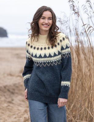 Celtic & Co. Womens Pure Wool Fair Isle Funnel Neck Jumper - XS - Navy, Navy