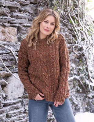 Celtic & Co. Womens Pure Wool Cable Knit Crew Neck Jumper - XL - Brown, Brown