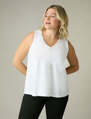 Live Unlimited London Womens Pure Cotton V-Neck Relaxed Vest - 14 - White, White,Black