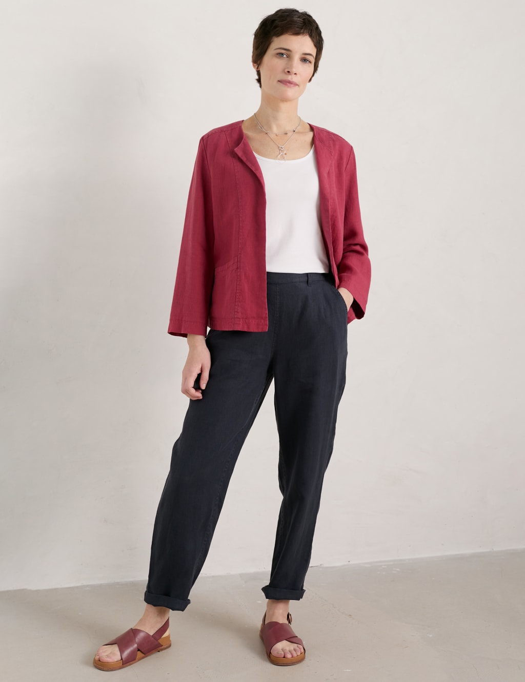 Pure Linen Collarless Short Jacket image 3