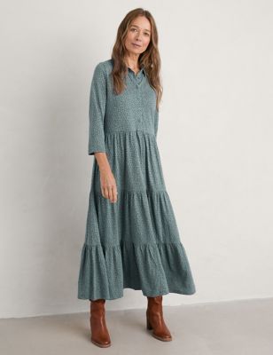 Seasalt Cornwall Womens Organic Cotton Printed Midaxi Tiered Dress - 8 - Blue Mix, Blue Mix