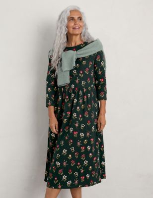 Seasalt Cornwall Womens Organic Cotton Printed Midi Waisted Dress - 8 - Green Mix, Green Mix,Navy Mi