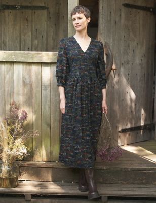Seasalt Cornwall Womens Cotton Rich Floral V-Neck Midi Waisted Dress - 18 - Black Mix, Black Mix