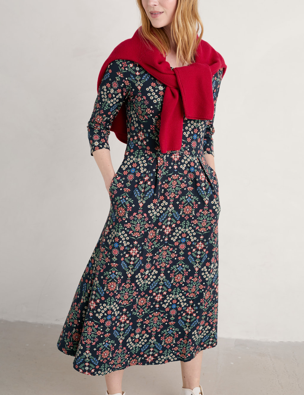 Cotton Rich Floral Midi Waisted Dress image 3