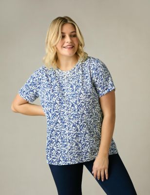 Live Unlimited London Womens Pure Cotton Floral T-Shirt - 24 - Navy Mix, Navy Mix