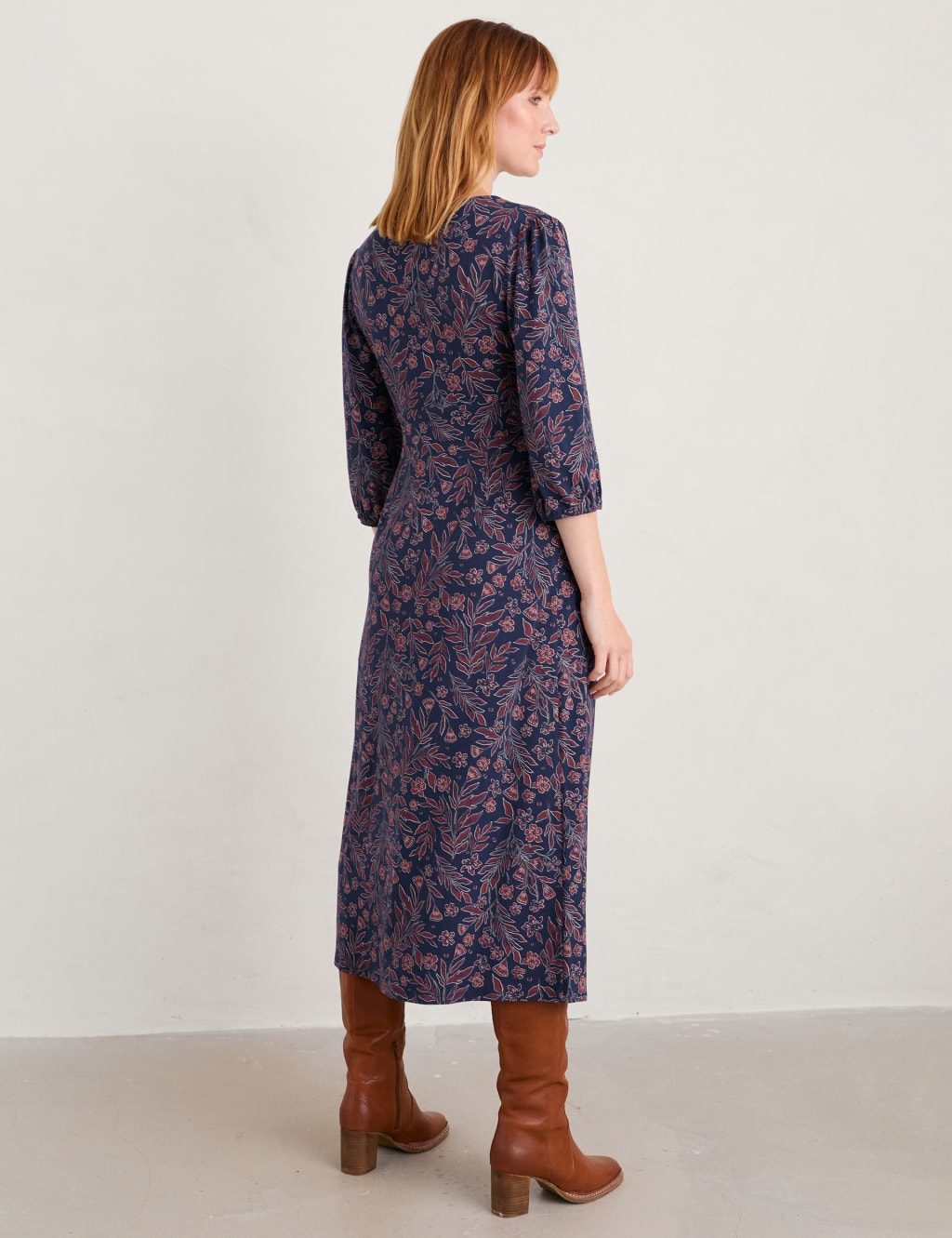 Jersey Floral V-Neck Midi Waisted Dress image 4