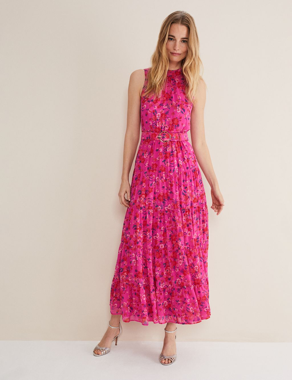 Floral High Neck Belted Maxi Tiered Dress image 1