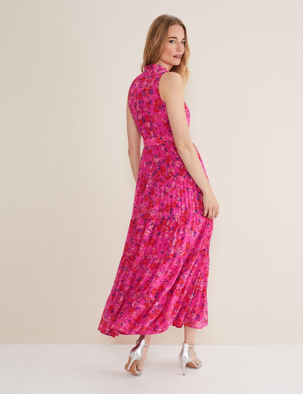 Floral High Neck Belted Maxi Tiered Dress image 3