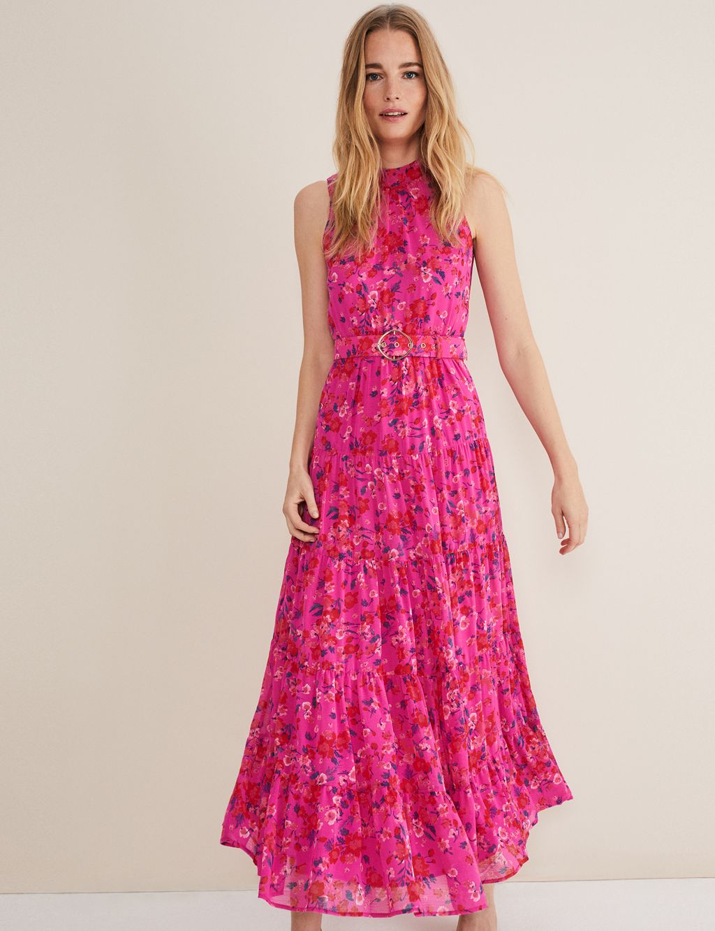 Floral High Neck Belted Maxi Tiered Dress image 5