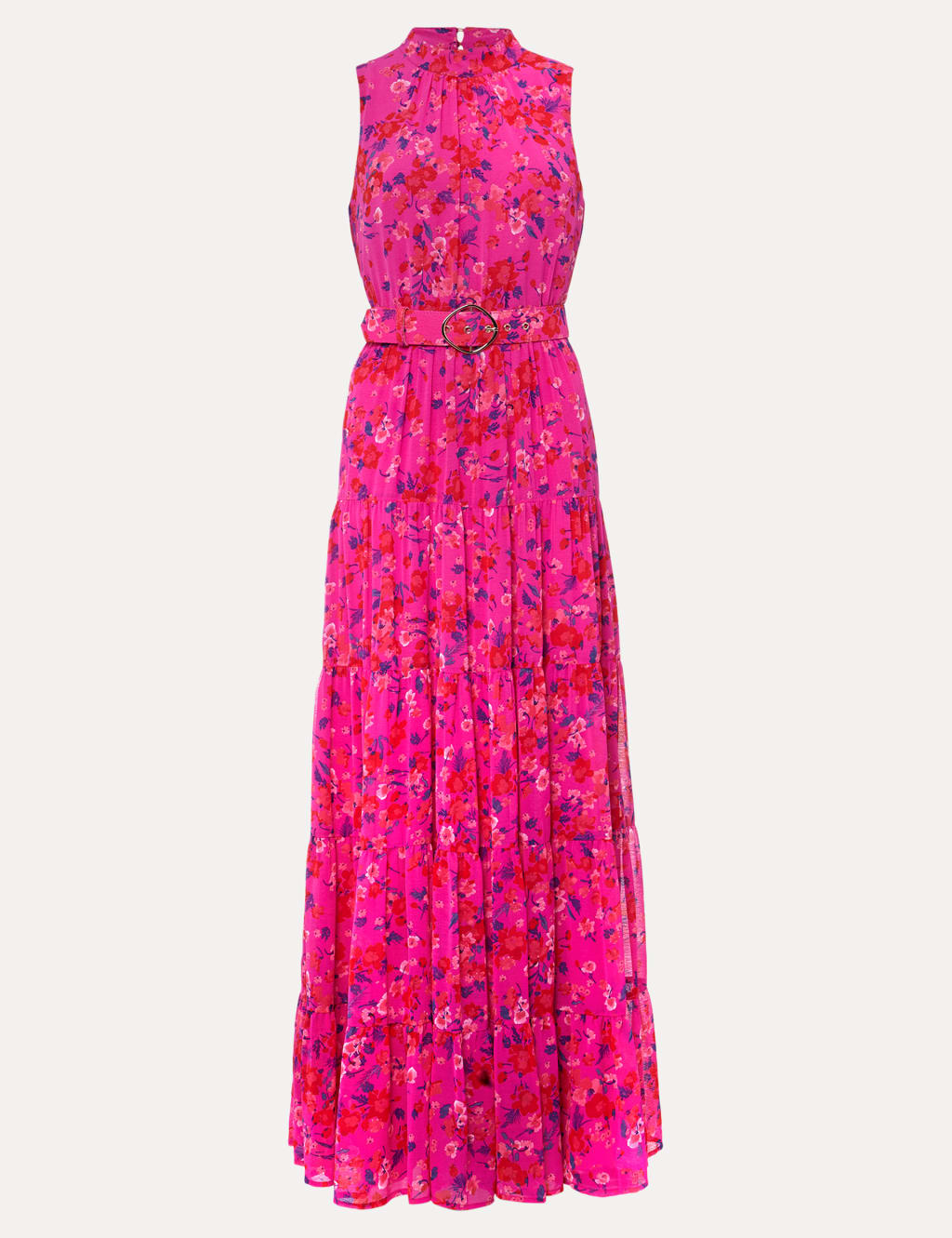 Floral High Neck Belted Maxi Tiered Dress image 2