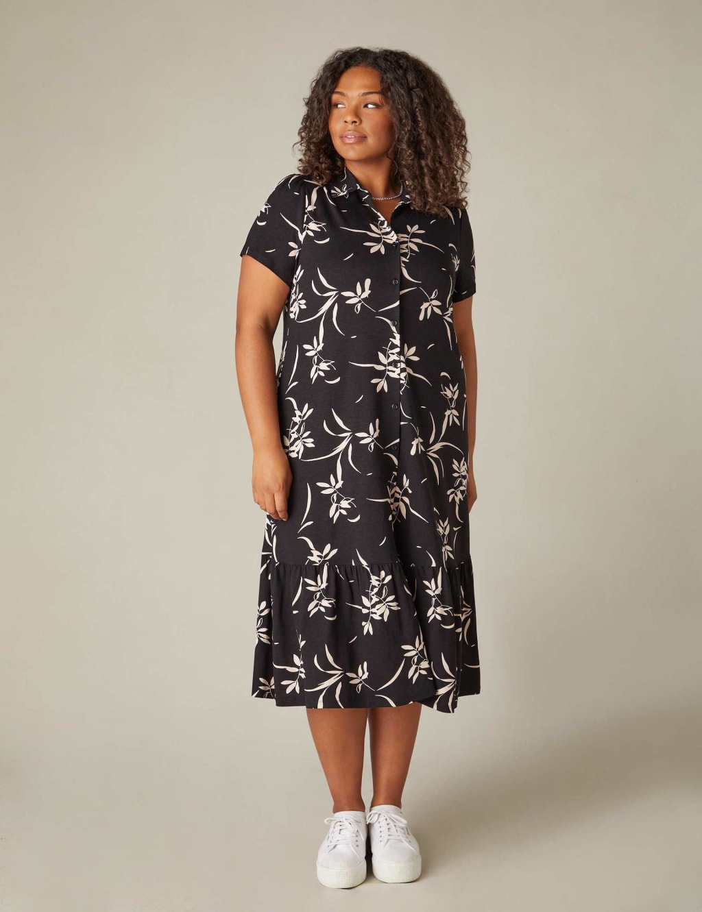 Jersey Floral Midi Tiered Shirt Dress