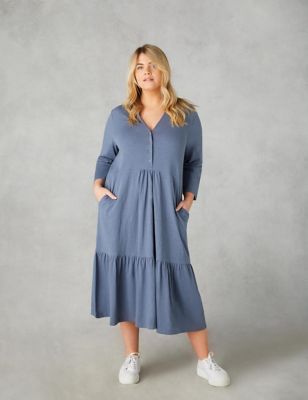 Live Unlimited London Womens Pure Cotton V-Neck Midaxi Tiered Dress - 22 - Blue, Blue