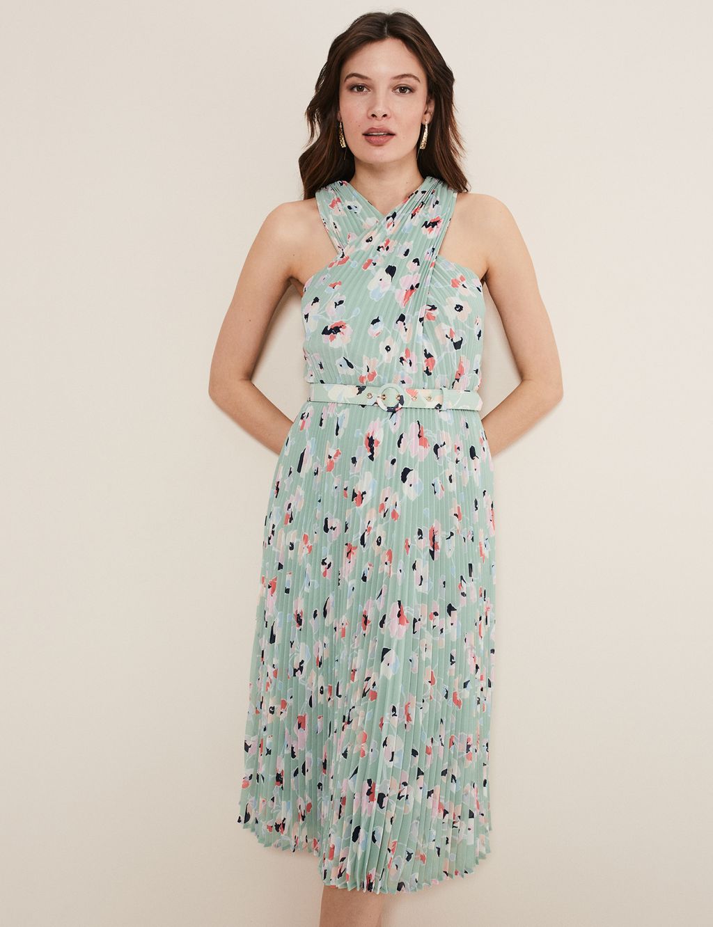Floral Belted Pleated Midi Waisted Dress image 5