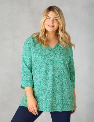 Live Unlimited London Womens Pure Cotton Leaf Print Tunic - 12 - Green Mix, Green Mix