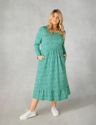Live Unlimited London Women's Pure Cotton Printed Midaxi Tiered Dress - 16 - Green Mix, Green Mix