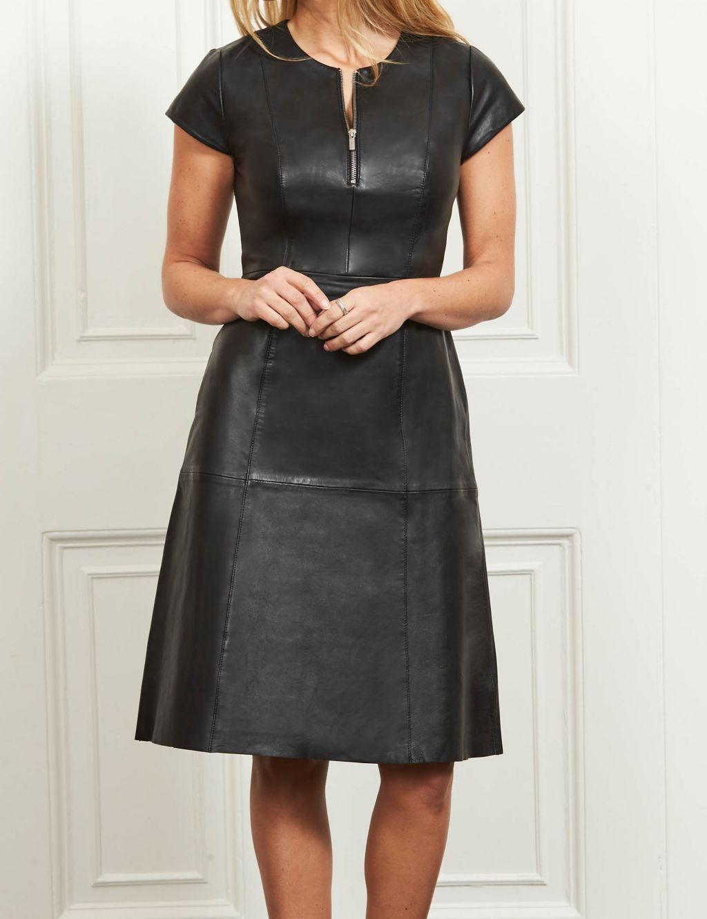 Leather Zip Neck Knee Length Tailored Dress image 3