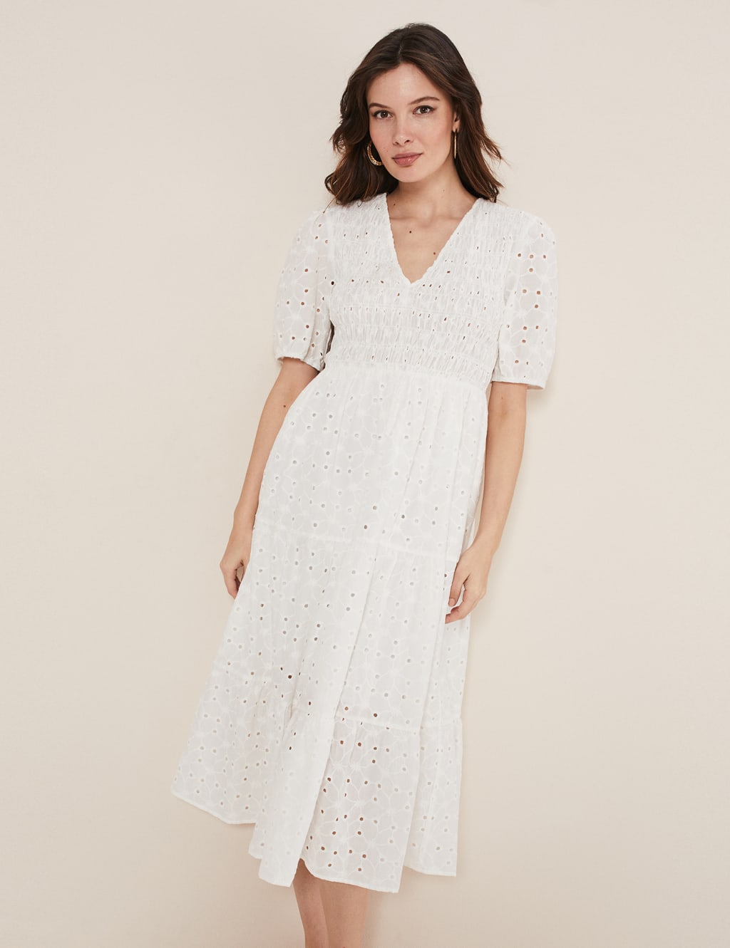Pure Cotton Broderie V-Neck Midi Dress image 1