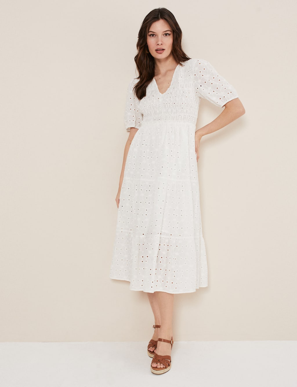 Pure Cotton Broderie V-Neck Midi Dress image 5