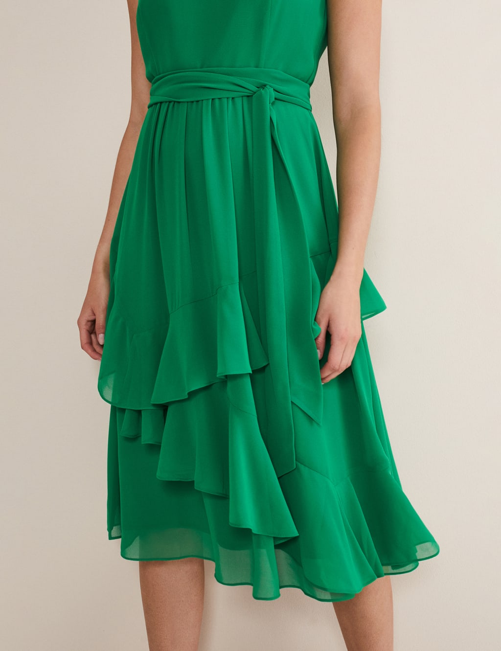 V-Neck Tie Waist Ruffle Midi Swing Dress image 6