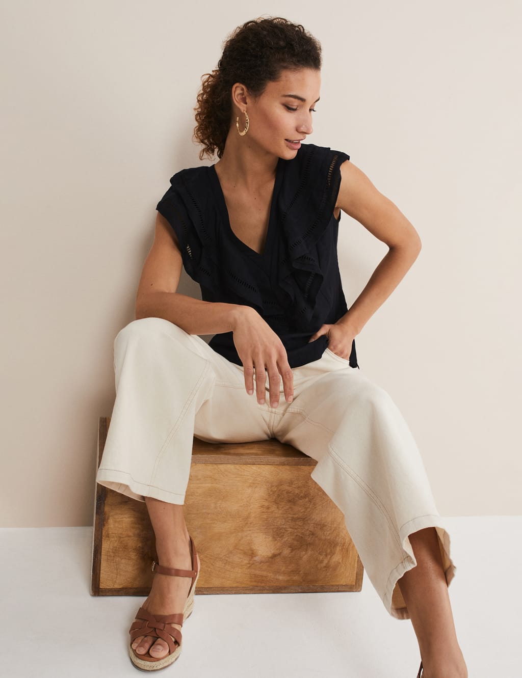Linen Rich V-Neck Ruffle Blouse image 3
