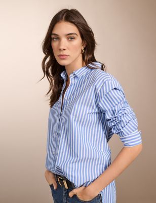Baukjen Women's Pure Cotton Striped Collared Relaxed Shirt - 14 - Blue Mix, Blue Mix