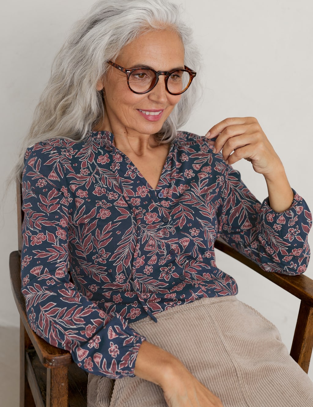 Cotton Rich Floral Frill Neck Shirt image 3