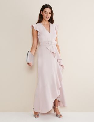 Phase Eight Womens V-Neck Belted Ruffle Maxi Waisted Dress - 8 - Light Pink, Light Pink