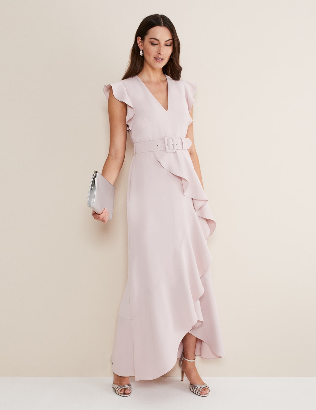 V-Neck Belted Ruffle Maxi Waisted Dress