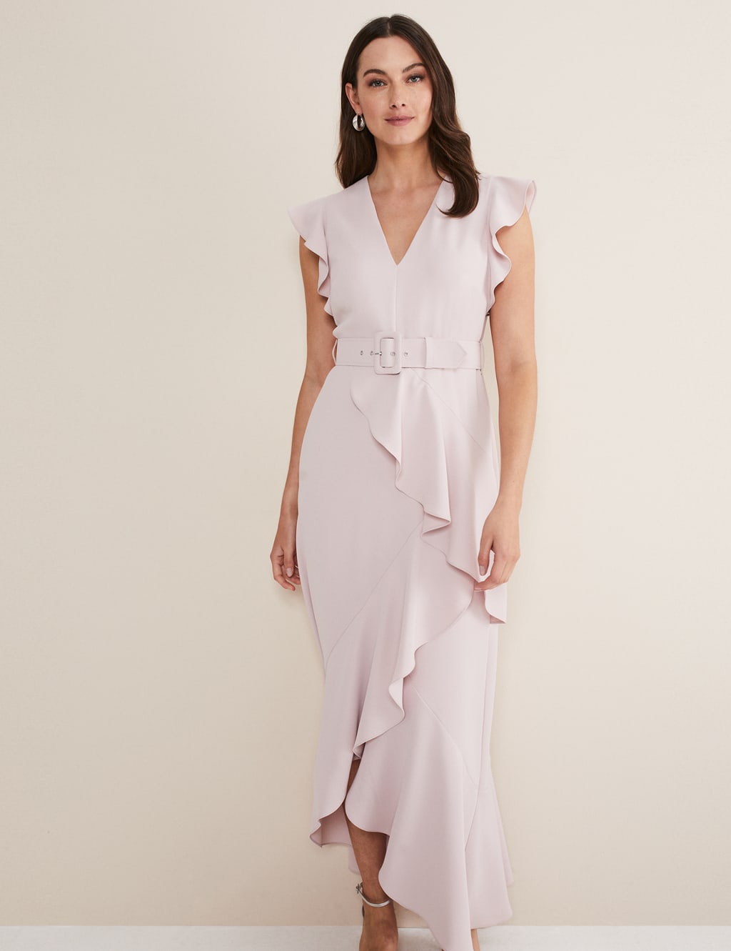 V-Neck Belted Ruffle Maxi Waisted Dress image 5