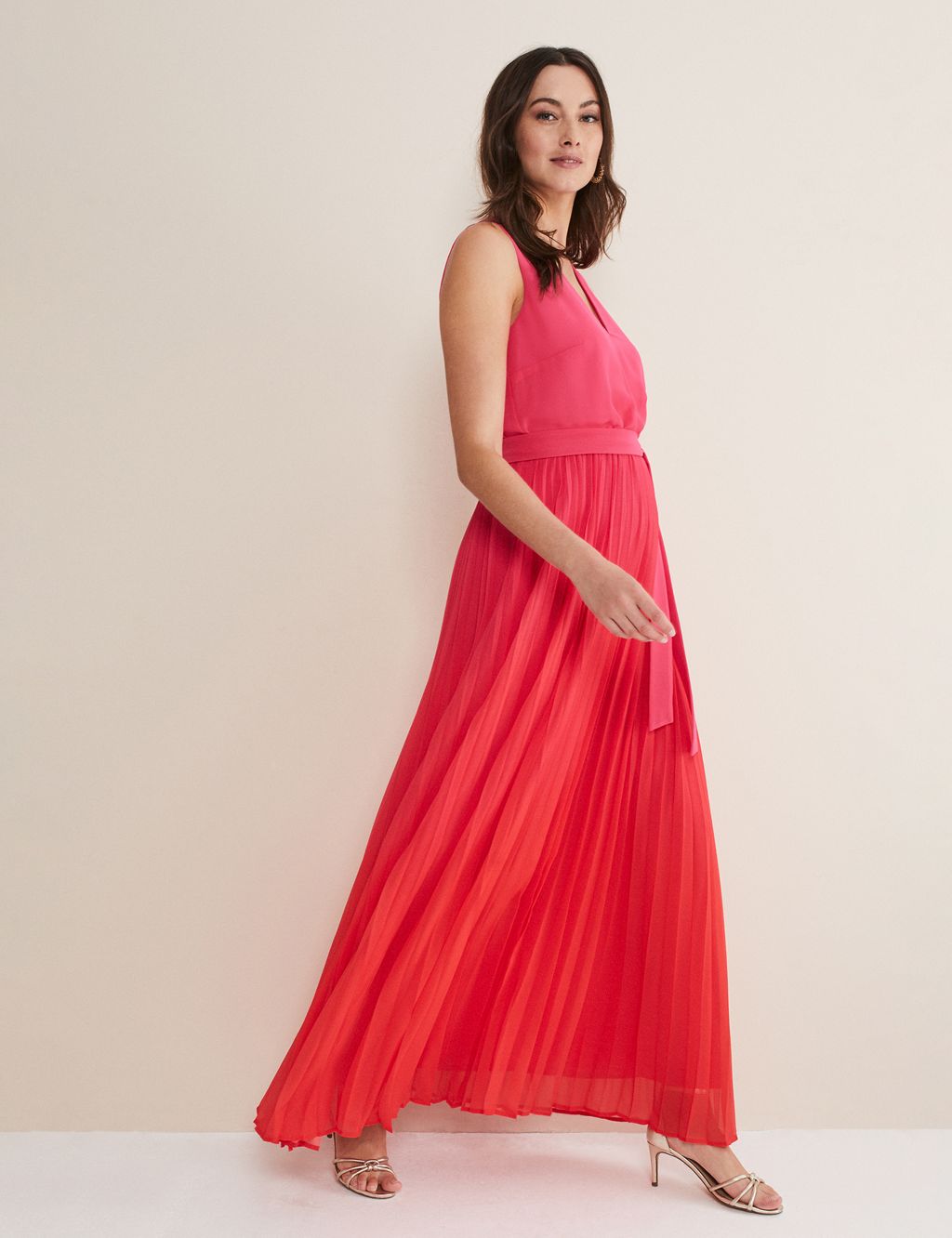 Ombre V-Neck Pleated Maxi Waisted Dress image 1
