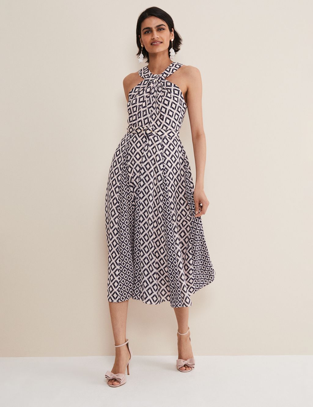 Printed Strappy Belted Midi Swing Dress image 1