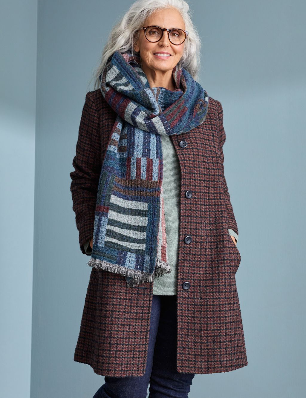 Wool Blend Checked Collared Coat