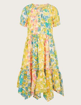 Monsoon Girls Patchwork Floral Print Tiered Dress (3-13 Yrs) - 14-15 - Yellow Mix, Yellow Mix