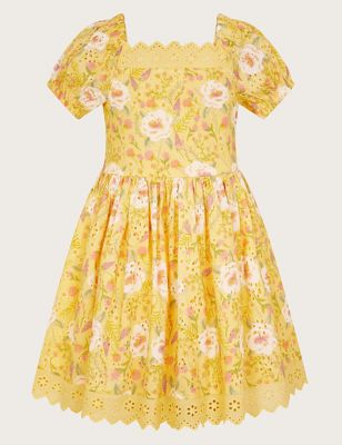 Monsoon Girl's Pure Cotton Floral Dress (3-15 Years) - 4y - Yellow Mix, Yellow Mix